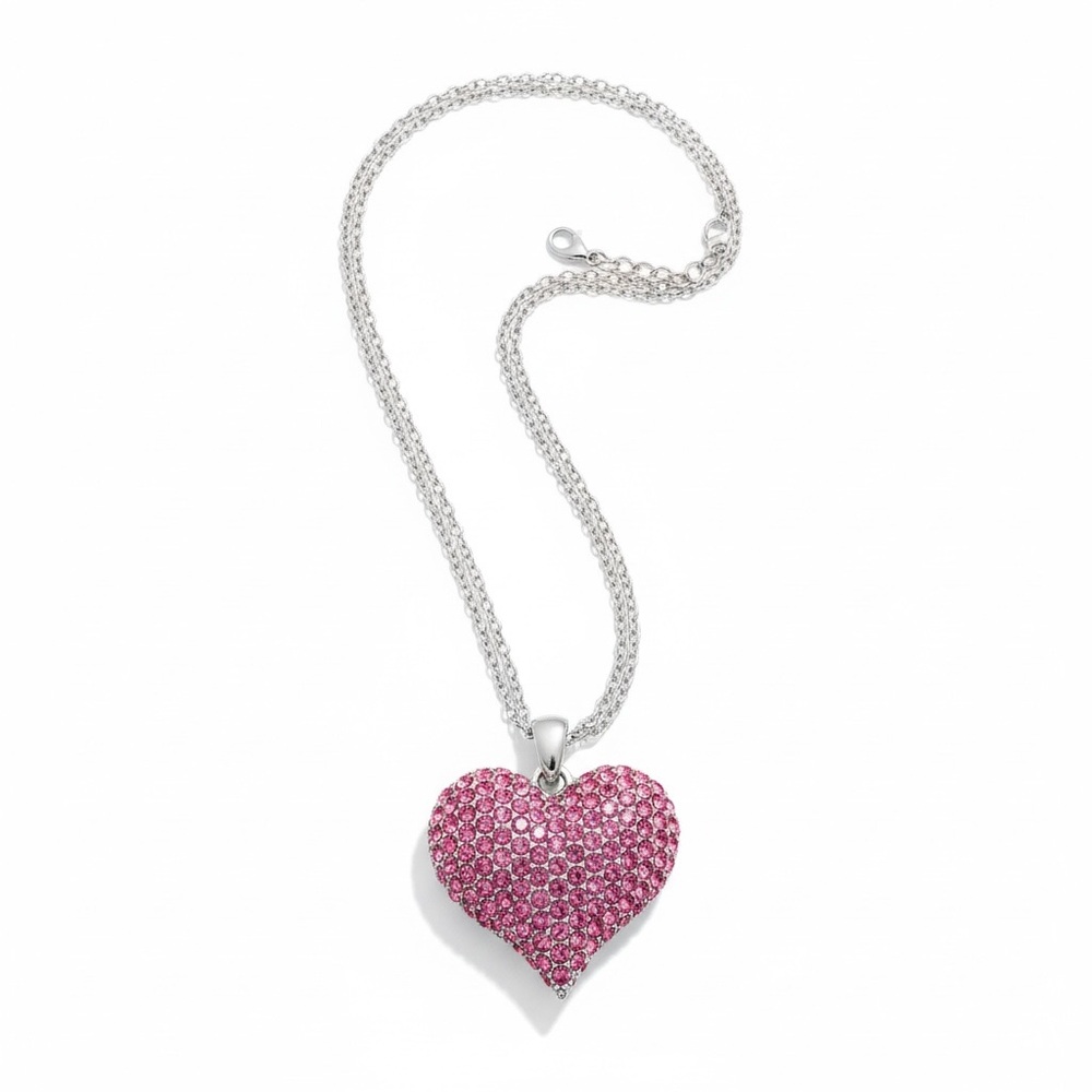 Elegant Two Toned Pink and Silver Tone Heart Pendant Necklace